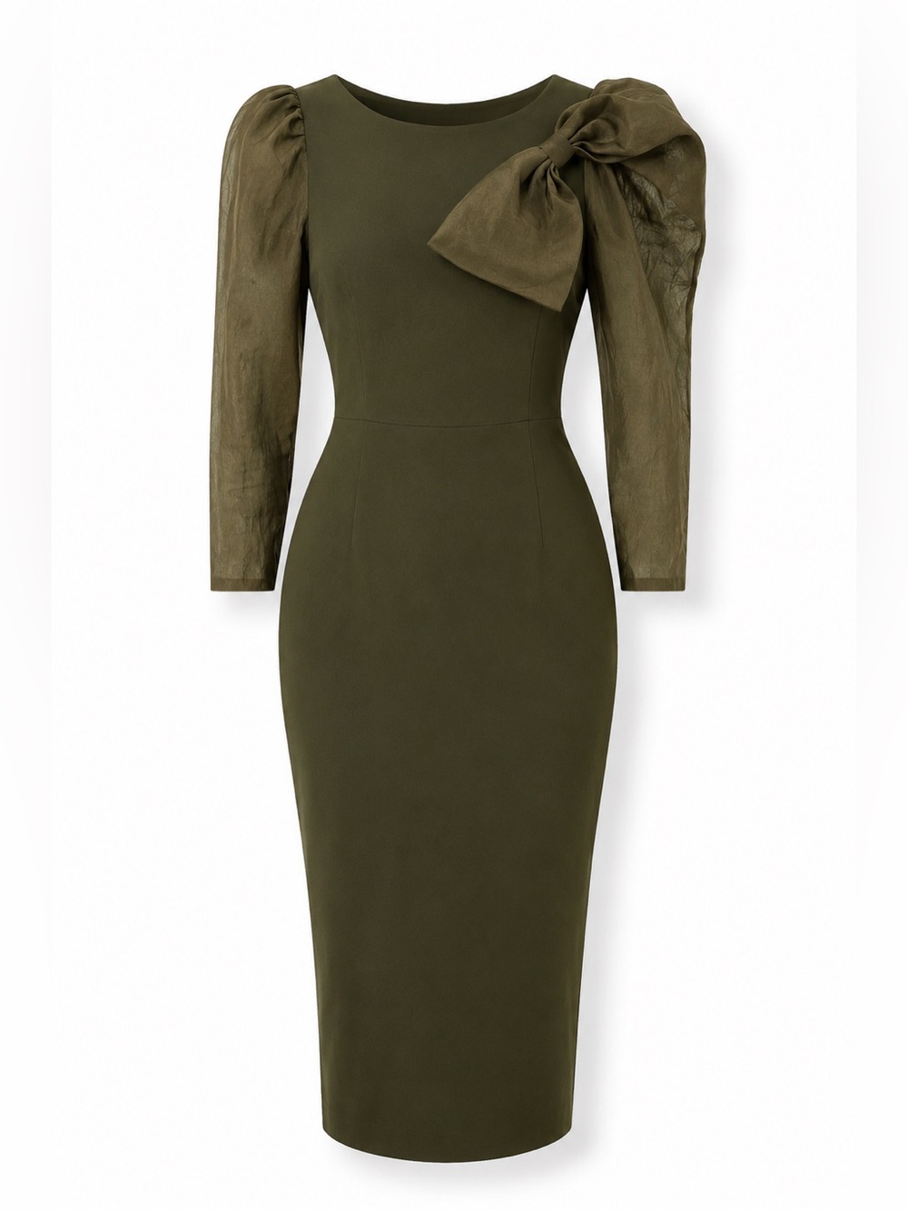 Elise 1940s Inspired Olive Green Sculpted Hourglass Midi Dress w/ Bow Detail M